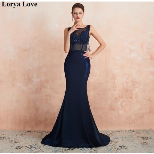 Navy Blue Evening Dresses 2020 Women Formal Party Sleeveless Mermaid Illusion Sequin Tassel Beaded Backless Gowns Robe De Soiree