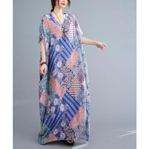 Oversize Vintage Ethnic Print Long Dress Women Loose Casual Large Size Bohemian Dress Robe Female Loose Beach Maxi Cotton Dress