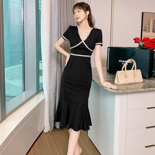 Fashion Korean Vintage Short Sleeve V-Neck Midi Party Club Dress Ladies Elegant Robe Casual Bodycon Beach Black Mermaid Dress