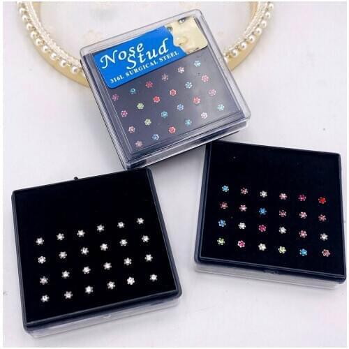 24Pcs/Lot Plum Blossom Flower Crystal Nose Rings Stainless Steel Nose Studs Body Piercing Jewelry