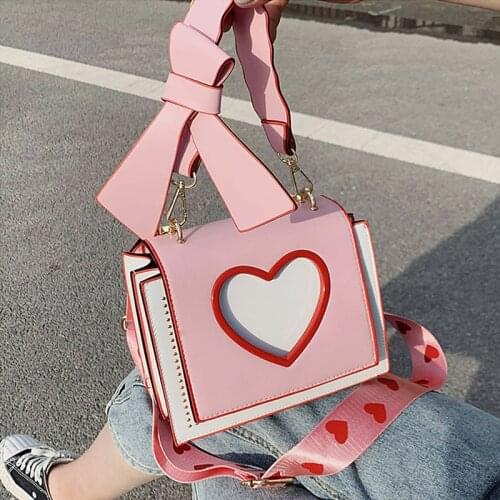 Heart Hollow out Crossbody Bag Women PU Leather Shoulder Bag Small Square Bag Lady Handbag Wide Shoulder Strap Messenger Bag