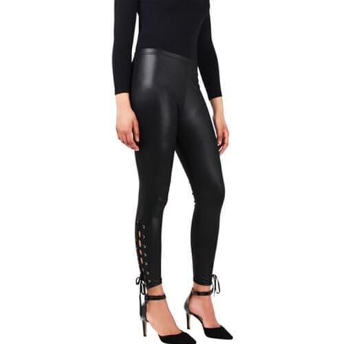 Black Sexy Slim Woman Leggings Faux Leather Mid-Calf Lace-Up Leggings Fashion Skinny Punk Clubwear Leggings Women Pants AQ966262