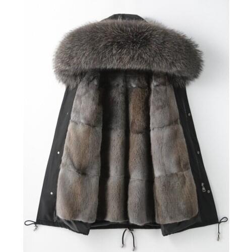 Womens Real Mink Pur Parker Fur Coat Detachable Large Collar Long Coat Large Size M-XXXXL