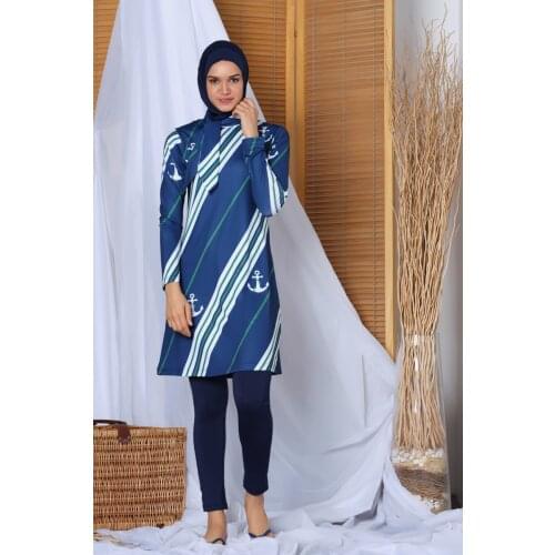 Womens Long Sleeve Marine Pattern The Tights Hijab swimwear 20112 indigo