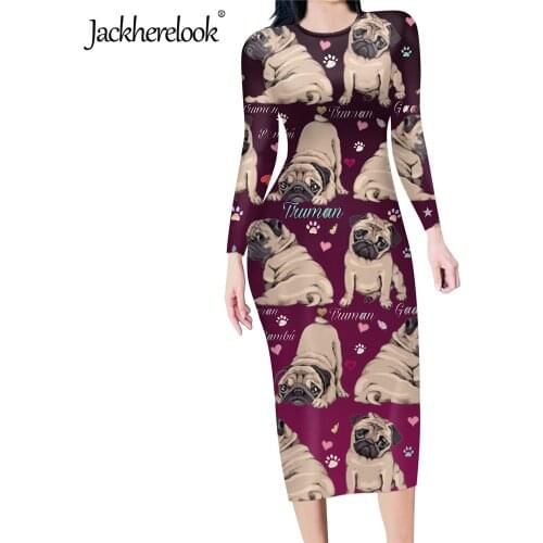 Jackherelook Sexy Bodycon Midi Pencil Dress for Girls Cute Pug Pattern Fashion Office Ladys Slim Party Midi Dresses Vestidos