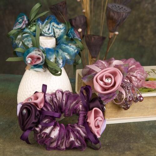 Women Lady Satin Ribbon Cloth Flower Crystal Pearls Hairband Decor Elastic Ponytail Holder Hair Band Accessories