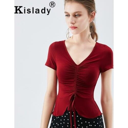 2020 Summer Autumn Womens Pleated Strings Tops Sexy Deep-V Black Red Gothic T-shirt Plus Size Korean Japanese OL Tops