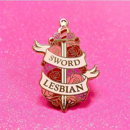 Sword Lesbian Rose Flower LGBTQ Enamel Brooch Pin Backpack Hat Bag Lapel Pins Badges Women Mens Fashion Jewelry Accessories