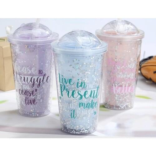Cartoon Slide Straw Cup Cute Sequin Plastic Graffiti Star Korean Double-layer Summer Ice Cup In Stock Hydro Flask Water Bottle