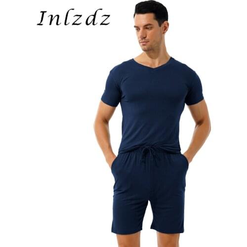 Mens Sleep Loungewear Solid Color Pajama Set Nightwear Homewear V Neck Short Sleeve T-shirt with Mid Waist Drawstring Shorts