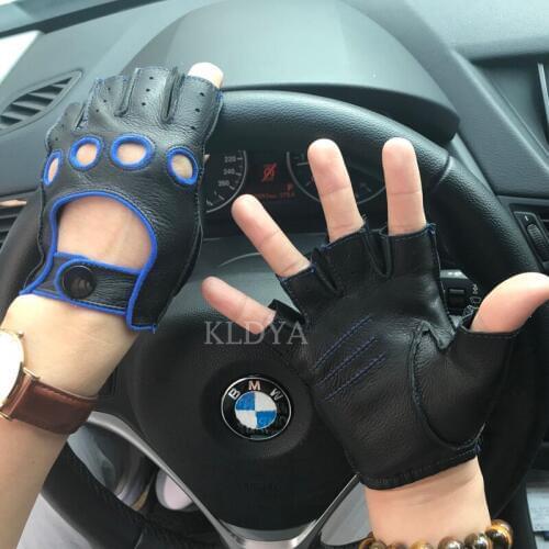Mens Leather Gloves Hole Button Breathable Goat Unlined Genuine Leather Men Driving Gloves Half Finger Gloves Mittens Male New