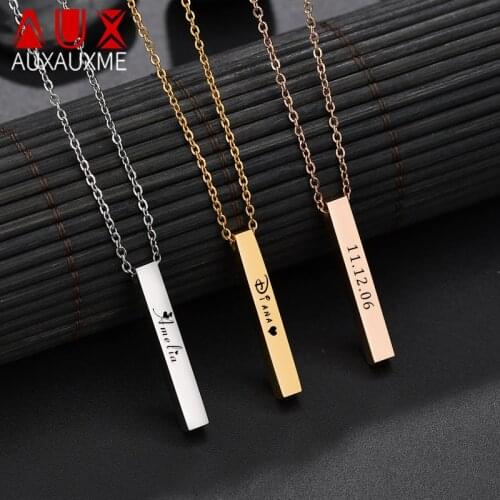 Auxauxme Square Bar Custom Engraved Name Necklace for Women Stainless Steel Four Sides Engraving Pendant Choker Jewelry Gifts