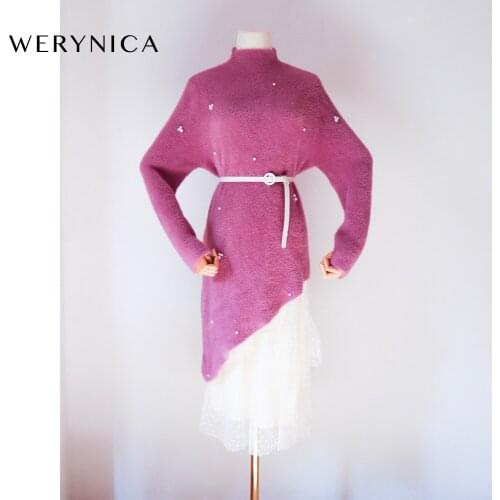 Werynica Women spring Long Sweater Dress Female Long Sleeve loose 2pieces Knitted belt mink cashmere dresses round collar cozy