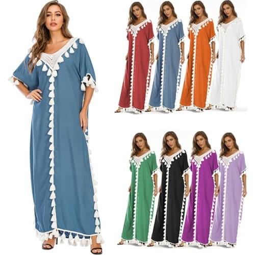 Eid Ramadan Dubai Turkey Muslim Dress Women Boho Summer Tassel Moroccan Kaftan Islam Clothing India Ropa Long Robes Evening Gown