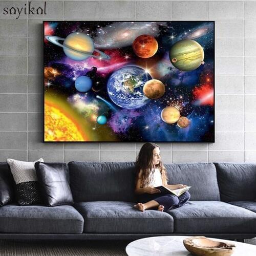 Frame DIY Painting By Numbers Kits Colorful Solar System Earth Space Wall Art Picture Coloring By Numbers Kids Unique Gift Paint