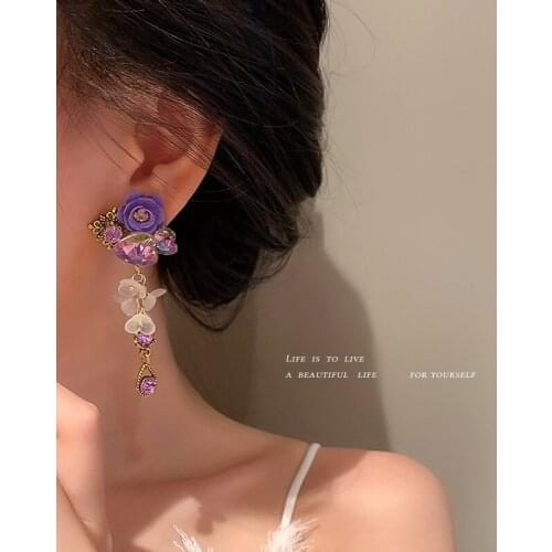 Crystal Love Purple Flower Earrings Korean Fashion Retro Earrings Temperament All-match Earrings for Women Jewelry Wholesale