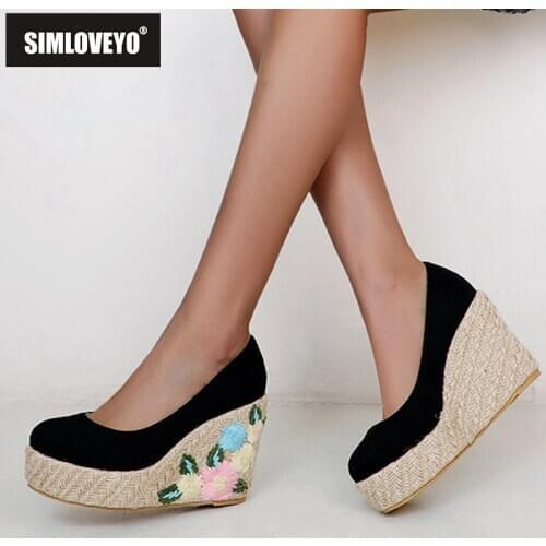 SIMLOVEYO New 2021 Women Pumps Round Toe 12.5cm High Wedges Heels Flock Slip-On Flower Big Size 30-48 Casual Summer A3712