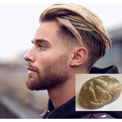 Super Soft Thin Skin All Pu Replacement Blonde Color Mens Hair Pieces Preplucked For Man Fashion Toupee Human Remy Hair Wig
