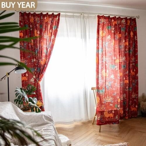 Chinese Style Curtains for Living Room Bedroom Traditional Elements Imitation Cotton and Linen Semi-shading Red Elegant Curtains