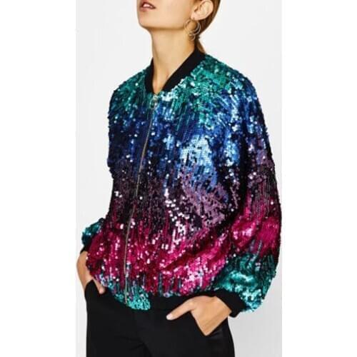 Flectit Sequin Bomber Jacket Glittery Ombre Colored Stand Collar Zip Up Womens Outerwear & Coats Jackets