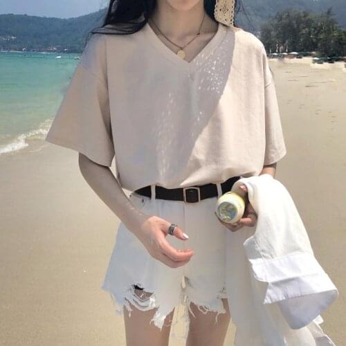 TingYiLi V-neck Oversized T-shirt Women Summer Short Sleeve Basic Top Tee Female Black White Green Coffee Beige Pink Tshirt