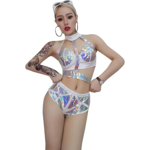 Hip-Hop Club Set Sexy Women Jazz Singer DJ Stage Costume Sexy Laser Bandage Female Dance Costume Bar DS Performance Costumes