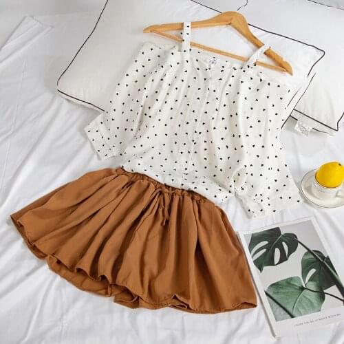 2021 Summer 2 pcs sets Women Love print Chiffon Off Shoulder Shirt + Shorts Elastic Waist Wide Leg Pants Suit Set 2 Piece Set