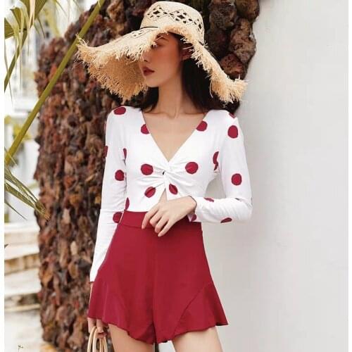 Women Dot Print Long Sleeve One-piece Swimsuit Women Sexy Monokini Swimwear 2021 New Girl Beach Bathing Suits