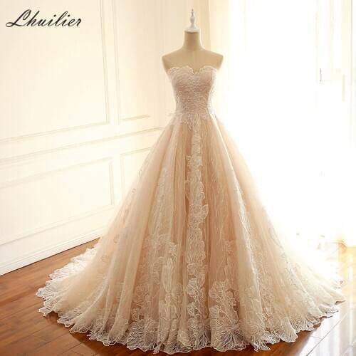 Lhuilier A-line Strapless Lace Wedding Dresses 2020 Sleeveless Floor Length Elegant Lace Up Court Train Bridal Dress