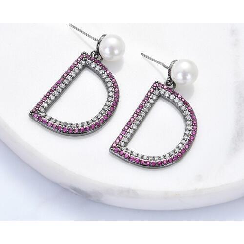 Zhijia Brand Jewelry Elegant Earrings for Women Luxury Pearl Purple/Green Crystal rhinestone D Letter Stud Earrings