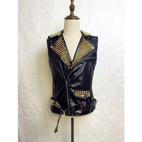 Fashion Original design nightbar Male Singer DJ Cool Golden Armour Rivet Mirror locomotive Leather vest costumes