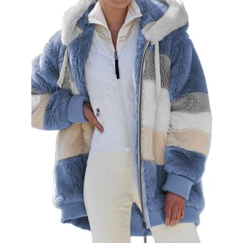 Winter Woman Jacket Fashion Plush Patchwork Zipper Pocket Hooded Fur Coat Retro Loose Long Sleeve Plus Size Top Coat Vrouw Jas