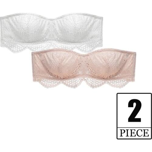 2 Piece Balconette Strapless Bra Top Half Cup Thin Backless Lace Brassiere Wthout Straps Women Sexy Lingerie White Beige Black