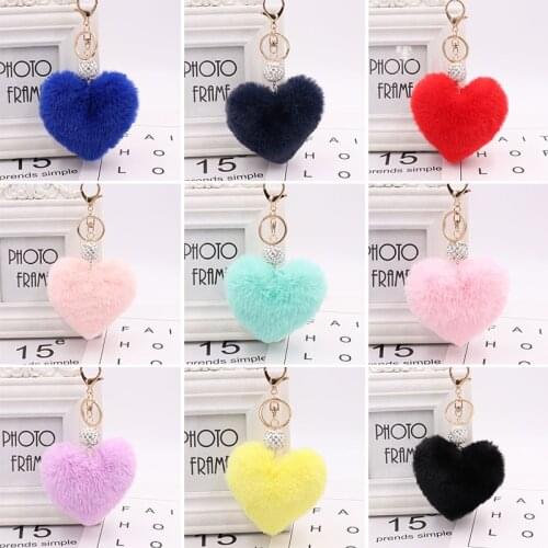 Cute Pompom Key Chain Rings Fake Rabbit Fur Heart Keyring Holder Fluffy Pompons Pendant Keychain Charm Bag Gifts