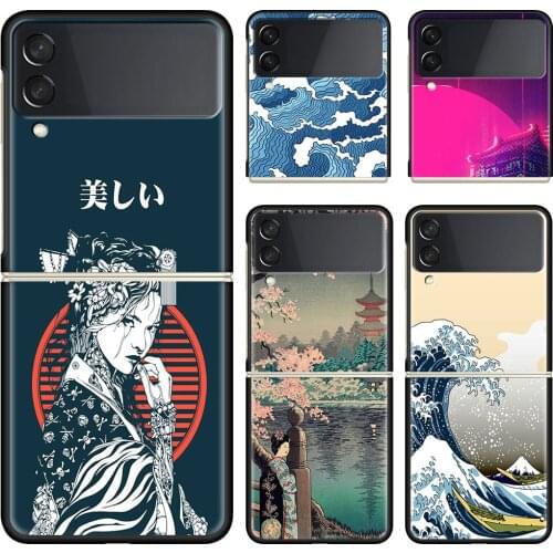 Phone Case For Samsung Galaxy Z Flip 3 5G Black Hard Cover ZFlip 3 Luxury Shockproof Bumper Cases Fundas Japanese Style Art Capa