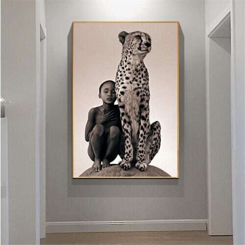 Child With Cheetah Canvas Paintings Wall Art Posters And Prints Nature Animals Wall Canvas Pictures For Living Room Cuadros