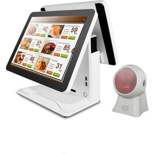 Hot sale pos pc all in one 15 inch capacitive touch screen cash register dual screen pos system with scanner