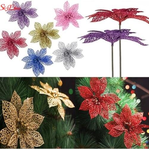 Hot 10pcs 15cm Glitter Artificial Flowers Christmas Tree Ornaments Decorations Christmas Decorations For Home Christmas Gifts 6Z