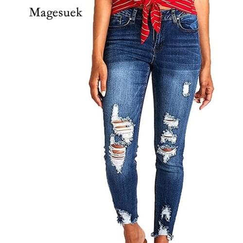 Cotton Skinny Jeans for Women 2021 Autumn New Denim Jeans Pencil Pants High Waist Ripped Washed Jeans Full Length Trouser 16219