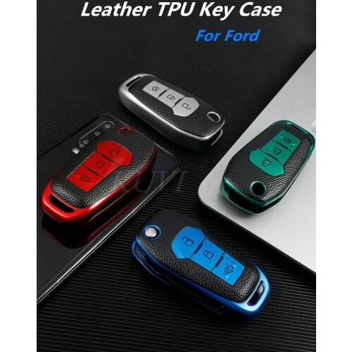 Leather TPU Car Key Case Cover For Ford Fusion Fiesta Escort Mondeo Everest Ranger 3 Buttons Folding Key Shell Skin Bag