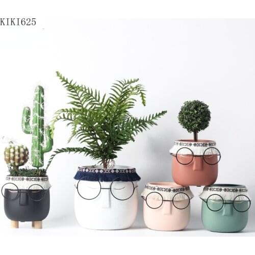 Creative Abstract Black Frame Glasses Head Ceramic Flower Pot Vase Succulents Cactus Potted Garden Decor Human Face Flower Pot
