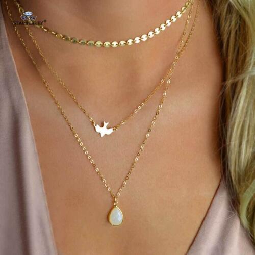 Blinking Round Metal Peace Pigeon Opal Chokers Necklaces Multi Layer Water Drop Pendant Necklace Statement Jewelry for Women