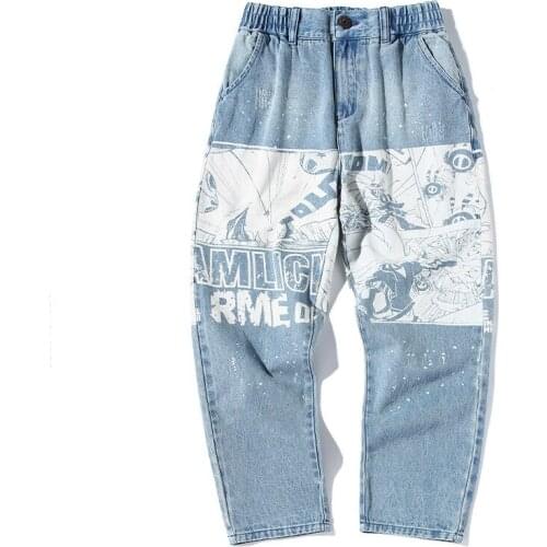 2020 New Arrival Spring Light Color Printed Youth Baggy Straight Large Pants Zipper Fly Character Loose Full Length Jeans Men