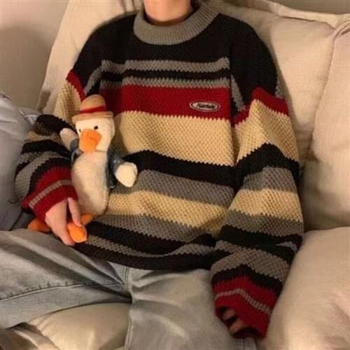 2021 Mens Japanese Pullover Round Neck Color Matching Coats Striped Wool Sweaters Loose Lazy Style Retro Cashmere Knitting