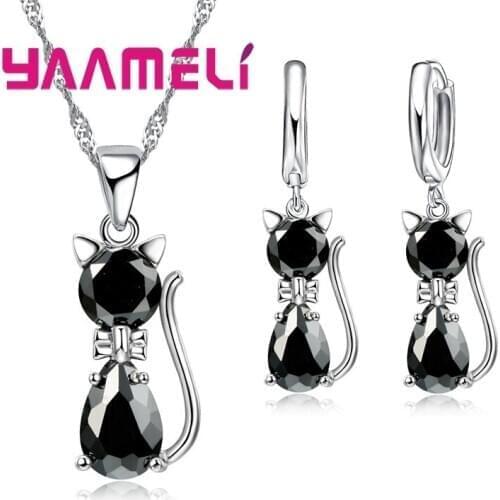 7Colors Options Cat Pendant Necklace Earrings Sets Real 925 Sterling Silver CZ Crystal Jewelry for Women Girls Gifts
