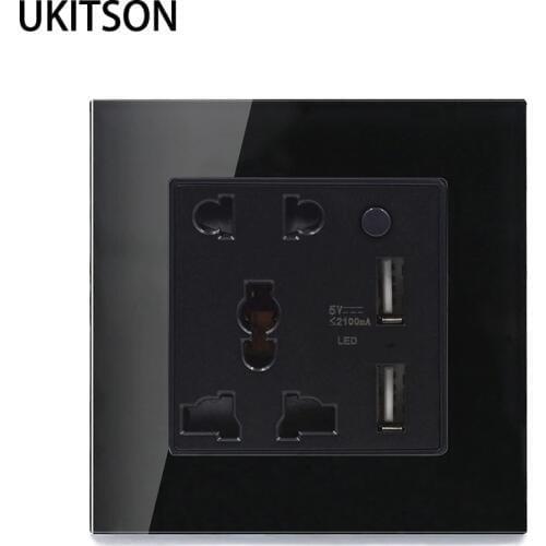 EU Standard Power Socket Black Crystal Glass Panel AC110~250V 10A Wall Electric Outlet With Dual USB Charge Port