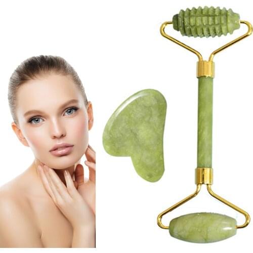 2pcs/set Jade Roller Gua Sha Set Face Body Skin Roller Massager Tool for Lifting Skin Relaxation Removing Puffiness Wrinkles
