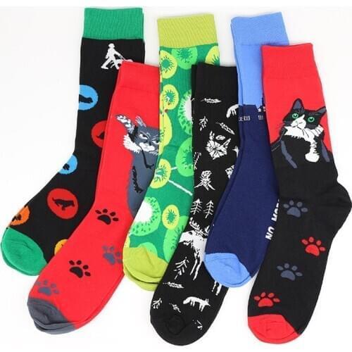 Cartoon animal cat trendy socks mens Harajuku style Street Mens mid-calf socks autumn and winter new cotton socks