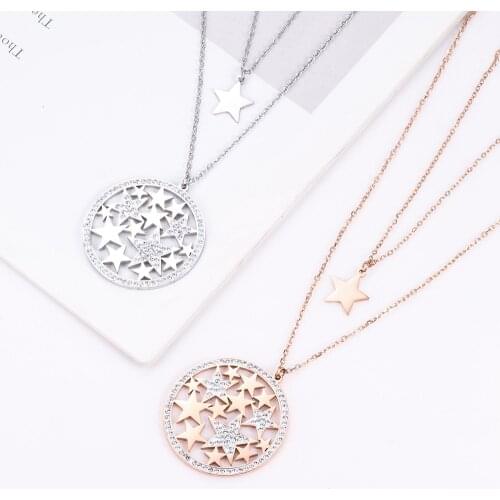 New Fashion Stainless Steel Clear Crystal Stars Pendant Necklace For Women Color Double Layer Link Chain Necklaces Party Gift
