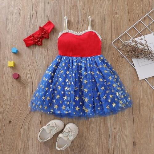 0-4T Little Girl Baby Cute Flag Printing Independence Day Sleeveless Dress + Butterfly Flower Headdress Mesh Stitching Clothing